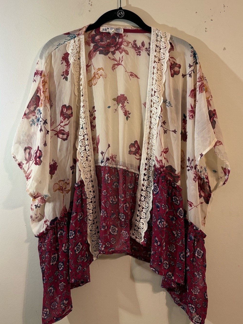 Jolt kimono cardigan woman’s XS ivory burgundy floral lace trim open front